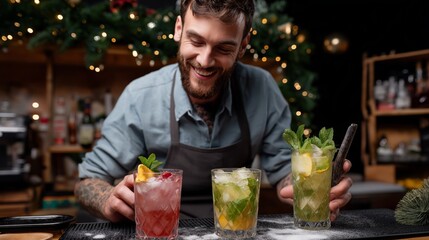 A skilled bartender joyfully mixes vibrant cocktails, showcasing refreshing drinks with fruit and mint. The atmosphere is lively, decorated for a winter celebration, creating a warm holiday vibe