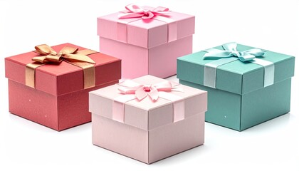 Four colorful gift boxes with ribbons and bows on white background.