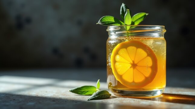 Refreshing iced tea with lemon and mint in a glass jar
