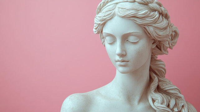 Classical white marble sculpture of a beautiful woman's head and shoulders against a soft pink background. Ideal for art, history, beauty, luxury, or feminist blogs and sites.