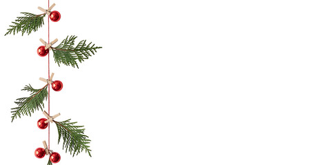 Elegant christmas garland with red ornaments isolated on transparent background for design