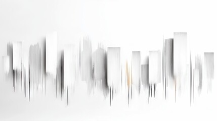 An abstract cityscape with white rectangular shapes and vertical lines on a white background, creating a minimalist and modern aesthetic.