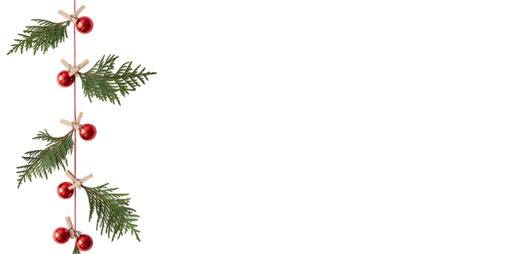 Elegant christmas garland with red ornaments isolated on transparent background for design