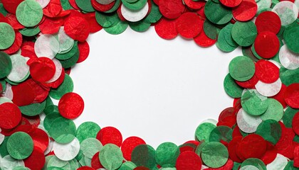 Festive red green and white confetti border on a white background for celebrations.