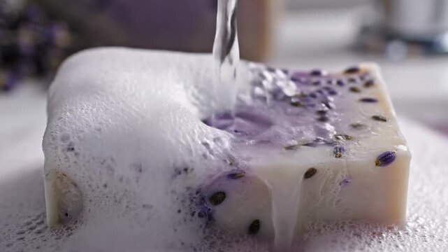 Close Up Of Natural Handmade Lavender Soap Being Rinsed Under Flowing Water Creating Rich Lather With Purple Flower Petals Embedded In Creamy White Bar And Soft Bokeh Background - Powered by Adobe
