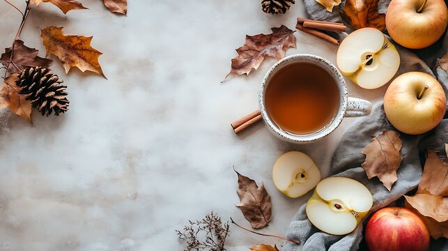 Cozy autumn apple cider drink with cinnamon sticks and fall leaves seasonal beverage flat lay arrangement