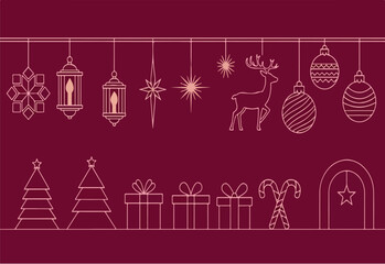 Modern linear Christmas icons collection featuring deer, ornaments, and holiday gift boxes vector. isolated PNG with Transparent Background