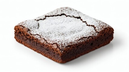 Delicious chocolate brownie dusted with powdered sugar on a white background