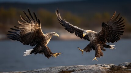 Obraz premium Two magnificent eagles display their impressive wingspans, soaring gracefully over tranquil waters while the sun sets in the background, creating an enchanting scene of nature's beauty