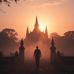 Silhouette of a man walking towards a temple at sunrise in foggy atmosphere  