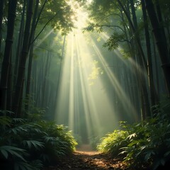 Sunlight streaming through bamboo forest creating serene ambiance  