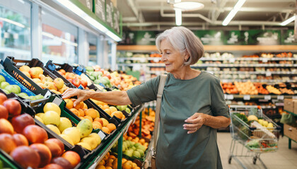 Elderly Woman Choosing Fresh Fruits in Grocery Store Produce Aisle