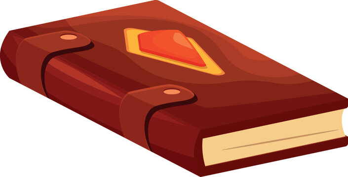 Closed magic book with leather cover and gemstone is lying on white background