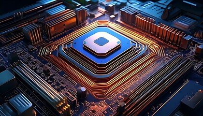 Complex circuit board with central processor unit and intricate wire patterns, illuminated with blue and gold lighting