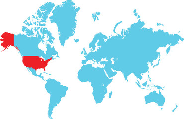 America map highlighted in red color on world map. United States of America map highlighted red on blue world map.