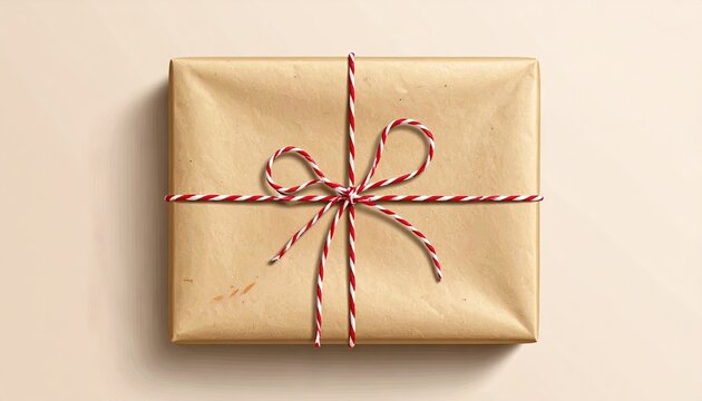 A simple gift box wrapped in rustic brown kraft paper and tied with a classic red and white striped bakers twine bow, presented on a plain background. - Powered by Adobe