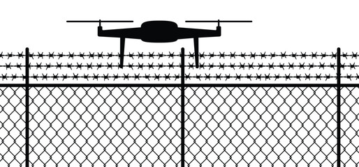 No flying drone with a espionage camera. Radio controlled drones. For  stop filming, security or photographs or views. Ripped steel wire chain. Chainlink fence. 