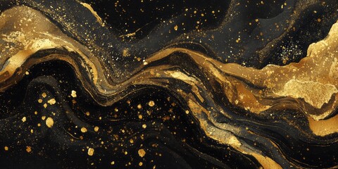 Fluid abstract background displays rich black and shimmering gold metallic streaks and speckles