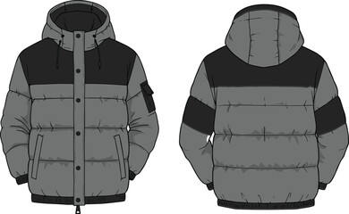 Technical sketch of hooded winter jacket, front and back view, color-blocked panels, zippered pockets, sleeve patch, fashion design, illustration