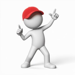 Cheerful 3d white stick figure character wearing a red cap pointing upwards with both hands in a dynamic pose