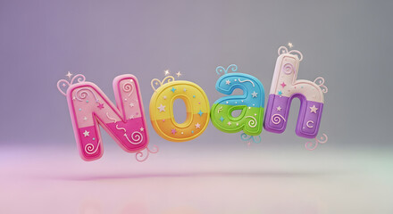Colorful alphabet balloons spell out the name noah in a whimsical floating display