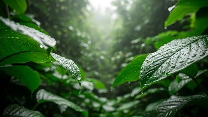 Glistening raindrops on lush green tropical leaves in a humid rainforest. Vibrant jungle foliage with soft, ethereal light.