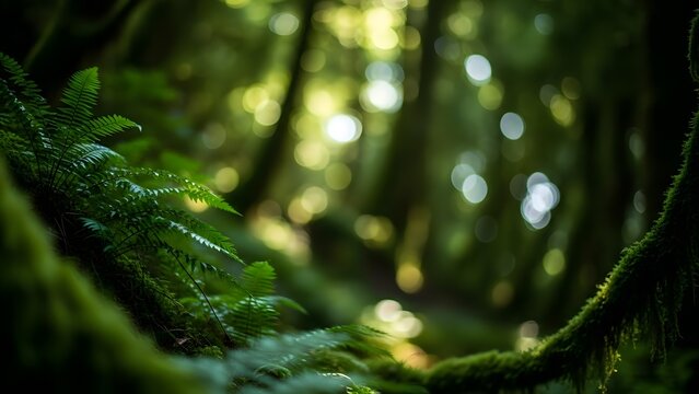 Lush green forest floor with vibrant ferns and moss, sunlit bokeh background