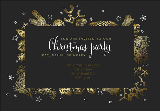 Elegant Christmas Party Invitation with Gold Botanical Frame