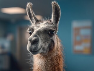 Obraz premium Llama with fluffy fur and expressive eyes stands indoors, gazing at the camera. The background is softly blurred, highlighting the animal's detailed face and friendly demeanor