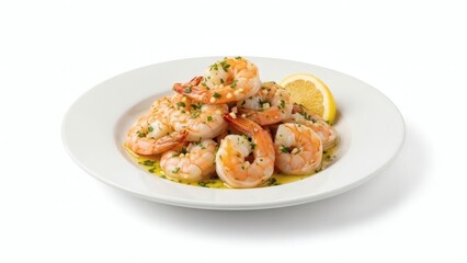 Delicious garlic butter shrimp scampi served on a white plate with lemon