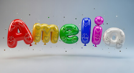 Colorful alphabet balloons spelling out the name amelia floating with confetti