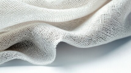 Close-up of white gauze fabric draped on a white surface, showing the soft texture and folds.