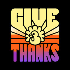Yellow turkey with rays and give thanks text lettering