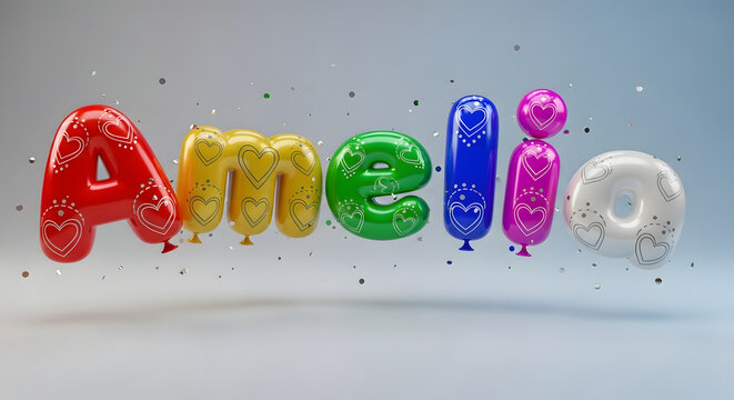 Colorful alphabet balloons spelling out the name amelia floating with confetti