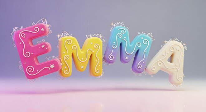 Floating pastel colored letters spelling out the name emma with a soft gradient background