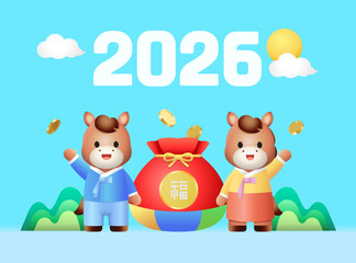 New Year’s cards with 3D horse characters