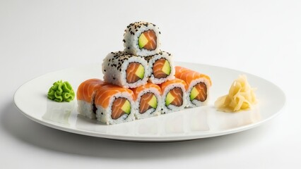Delicious sushi rolls with salmon and avocado on a white plate