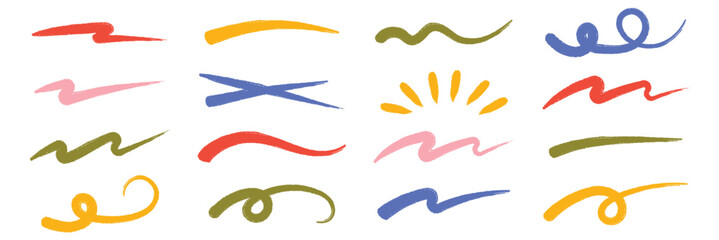 Abstract black marker and brush strokes set, hand drawn underline and scribble texture elements, grunge graffiti art lines and curves for modern graphic design on transparent background