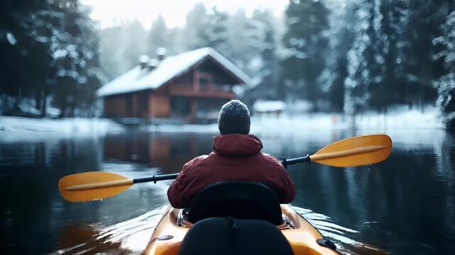 A person paddling a kayak on a calm, snowcovered lake with a cabin in the background. The person is wearing a red jacket and a beanie, and the kayak is a bright orange color.