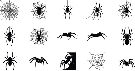 Collection of spiders and webs in black silhouette for halloween