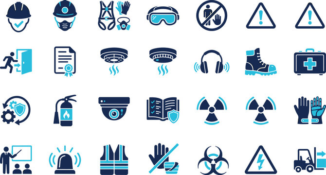 Safety icons, hazard symbols, PPE graphics, emergency tools, workplace protection, warning signs, blue theme, compliance visuals, industrial safety, risk alerts, secure procedures, safety training