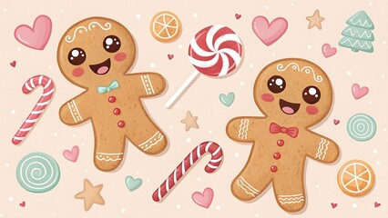 Obraz premium Cute kawaii gingerbread man cookies and christmas candies
