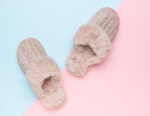 Cozy Furry Pink Slippers on Pastel Background: Comfort Meets Style in Modern Home Footwear