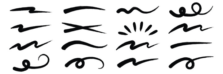 Abstract black marker and brush strokes set, hand drawn underline and scribble texture elements, grunge graffiti art lines and curves for modern graphic design on transparent background