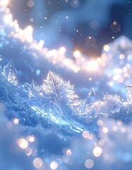 Dreamy scene of translucent ice crystals on a soft, cloud-like surface with sparkling bokeh lights