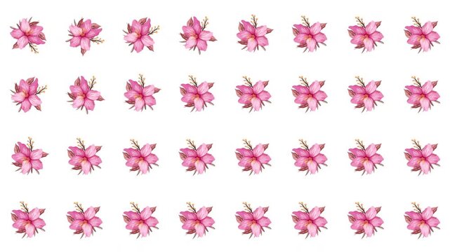 A soft motion graphic featuring a uniform pattern of medium sized pink flowers with visible thin stems and multiple petals, ideal for spring fashion or greeting card designs.
