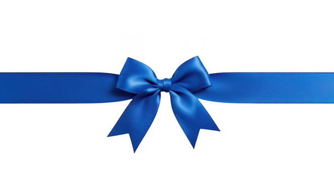 Blue satin ribbon with decorative bow on transparent background
