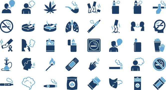 Smoking icon set, tobacco symbols, vape devices, cigarette graphic, health risk, anti-smoking concept, addiction awareness, lung damage, quit smoking design - Powered by Adobe