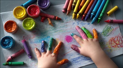 Child's hands covered in colorful finger paints and crayons, creating art on paper