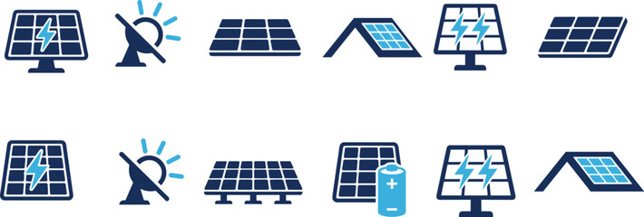 Solar icons, energy generation, photovoltaic panels, sun power, battery storage, renewable electricity, eco-friendly system, green energy, sustainable technology © Mst